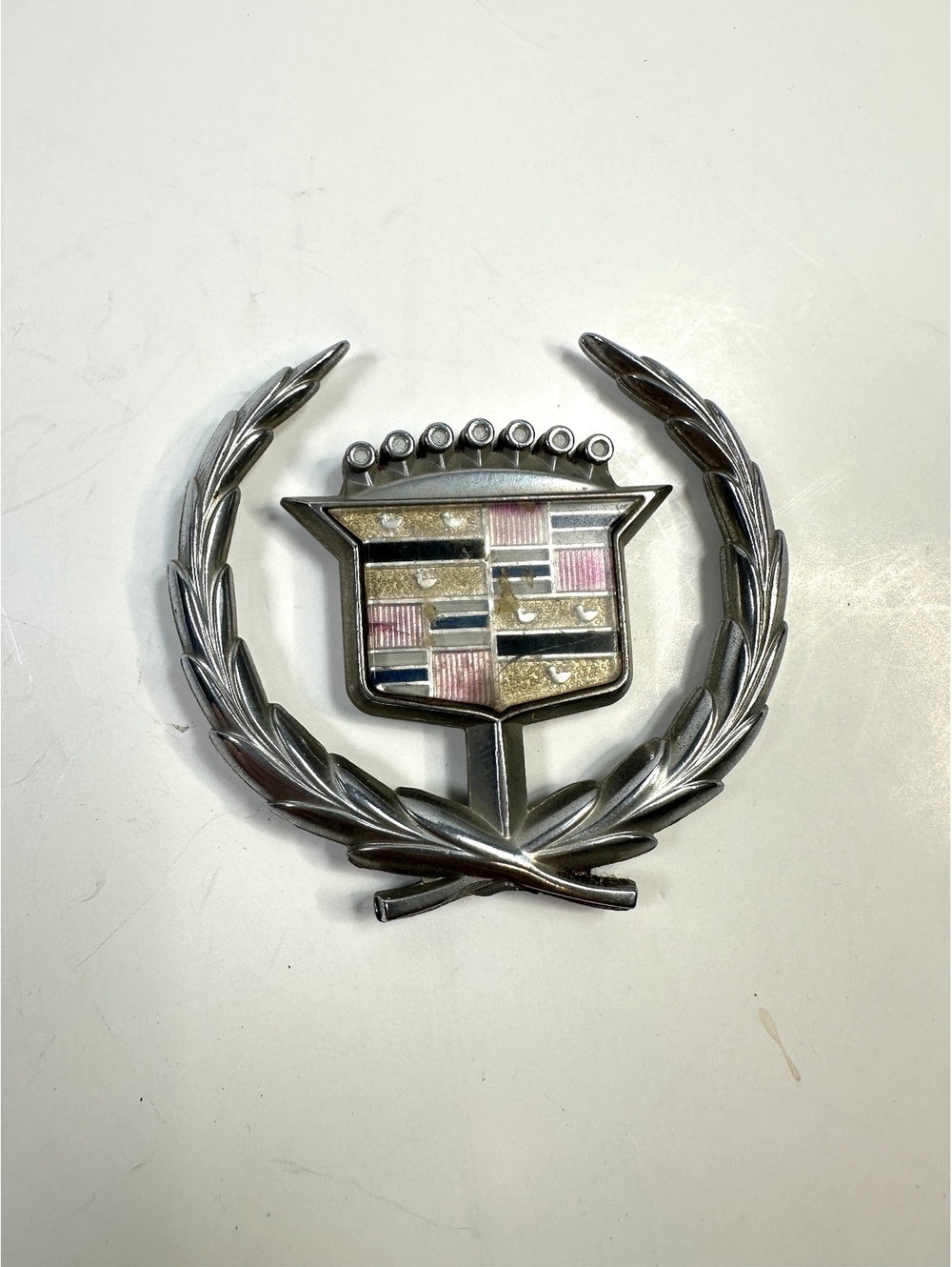 Vintage Cadillac Crest + Wreath Hood Ornament 1980s Chrome Emblem